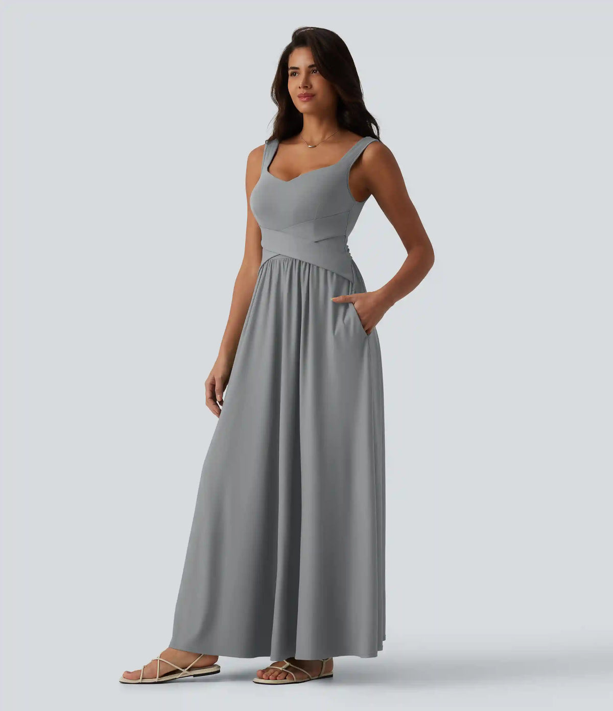 Built-in Bra Flowy Maxi Casual Dress with Pockets DD-F