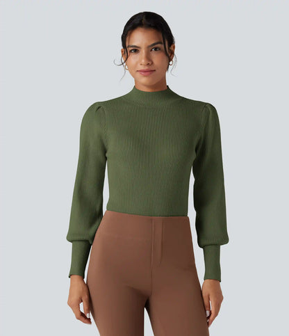 Mock Neck Puff Long Sleeve Casual Sweater