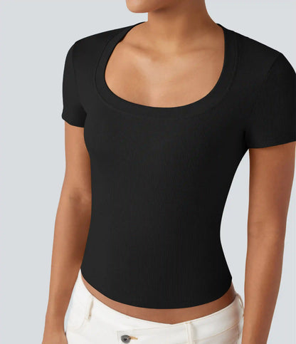 Ribbed Knit Short Sleeve Casual T-Shirt