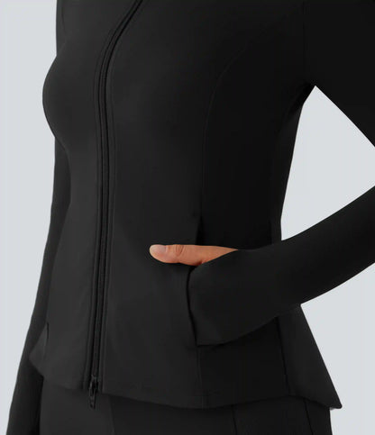 SoftlyZero™ Stand Collar Thumb Hole Pockets Pleated Zipper Slim Jacket