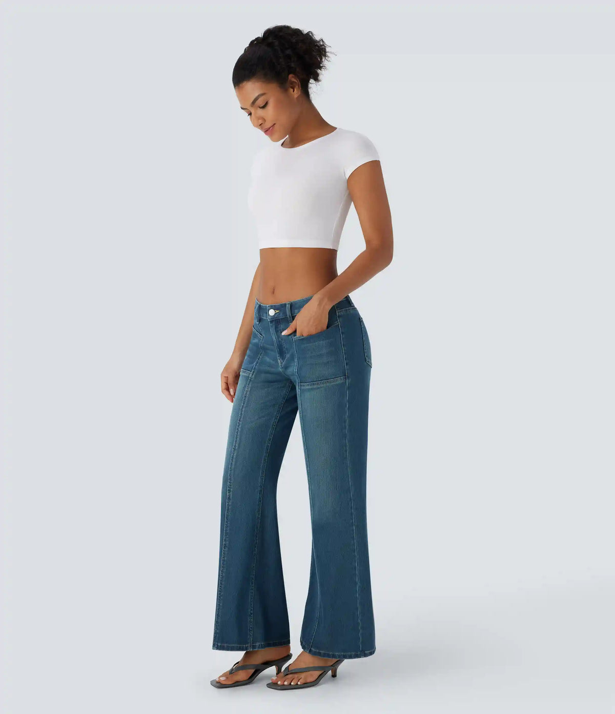 Halara Flex™ Low Rise Zipper Pockets Baggy Wide Leg Flare Washed Casual Jeans