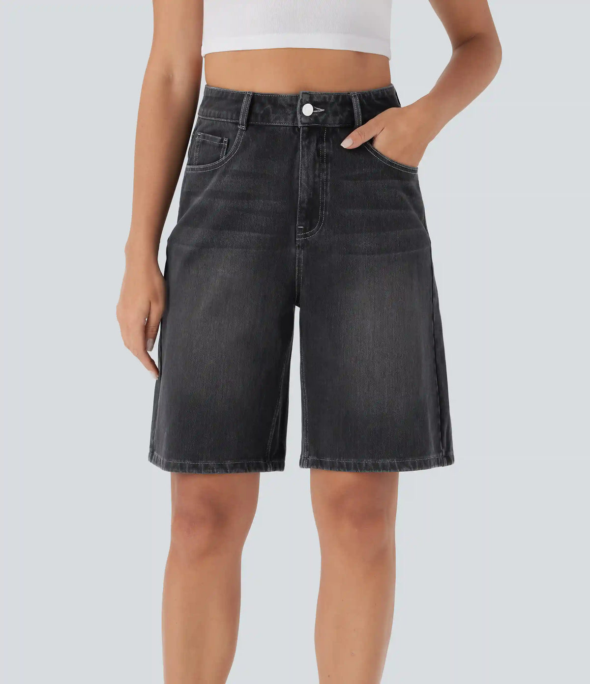 Halara Flex™ High Waisted Pockets Washed Denim Casual Bermuda Shorts