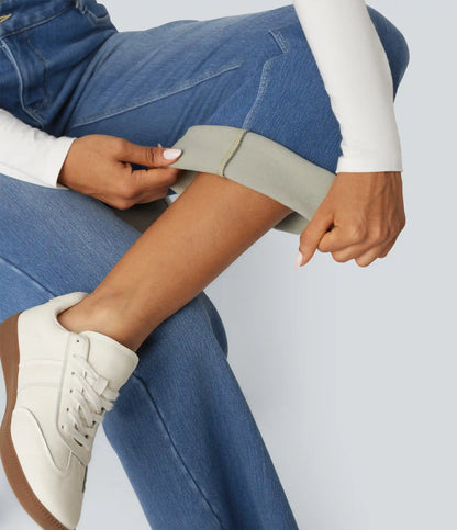 Mid Rise Asymmetric Straight Leg Fleece Casual Jeans with Pockets