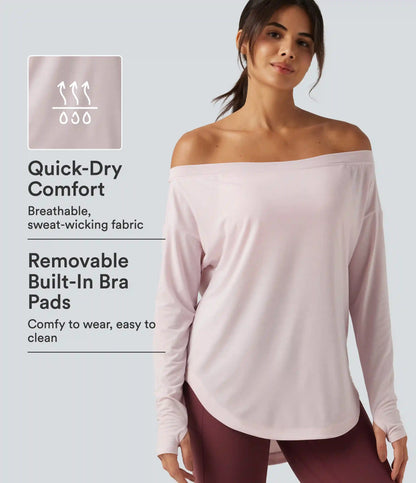 Off Shoulder Long Sleeve Build-in Bra Quick Dry Yoga Sports Tops