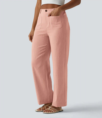 High Waisted Straight Leg Casual Linen-Feel Pants with Pockets