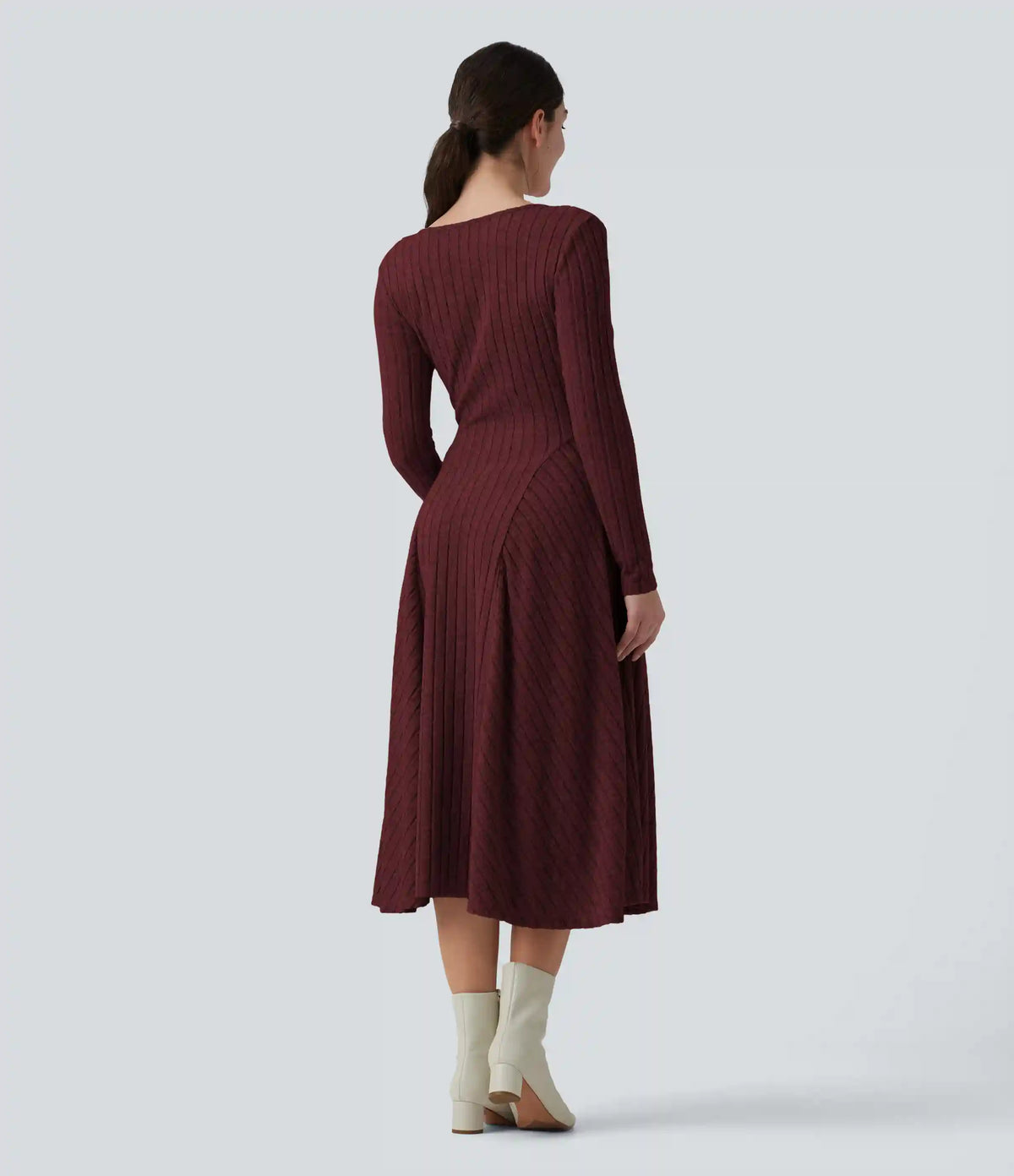 Ribbed Knit V Neck Long Sleeve Flare Midi Casual Dress with Pockets