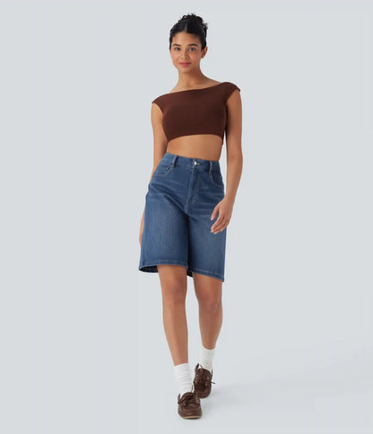 Halara Flex™ High Waisted Pockets Washed Denim Casual Bermuda Shorts