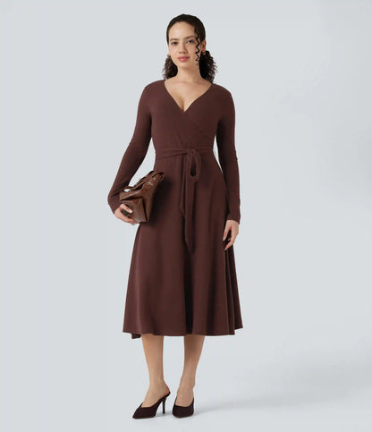 Ribbed Knit V-neck Long Sleeve Belted Midi Work Flowy Dress