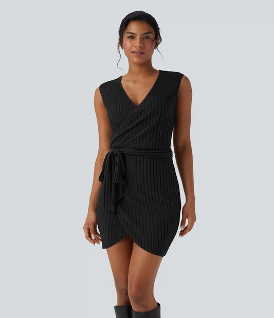 Ribbed Knit Sleeveless Belted Wrap Bodycon Mini Casual Dress