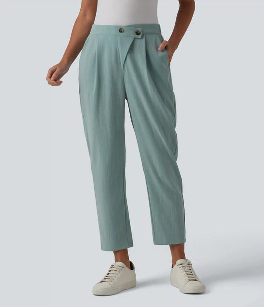 Asymmetric High Waisted Tapered Work Linen-Feel Pants with Pockets