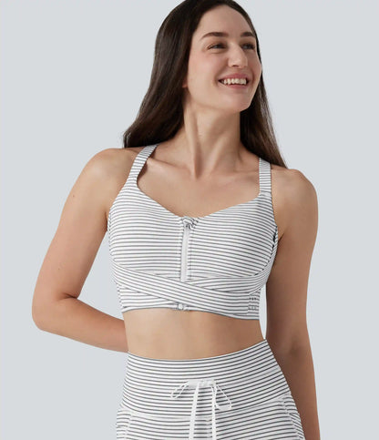 Medium Support Push Up Zipper Adjustable Built-in Bra Buckle Striped Running Sports Bra