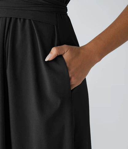 Breezeful™ V Neck Short Sleeve Pocket Tie Back Quick Dry Midi Casual Dress-Longer Length