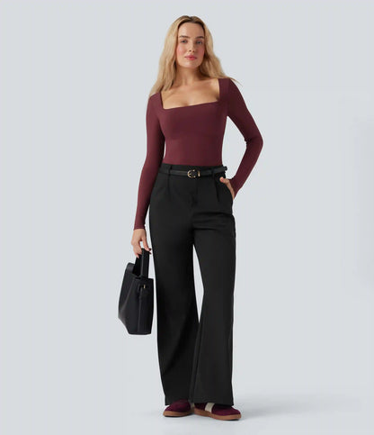 Square Neck Long Sleeve Built-in Bra Skinny Work Bodysuit