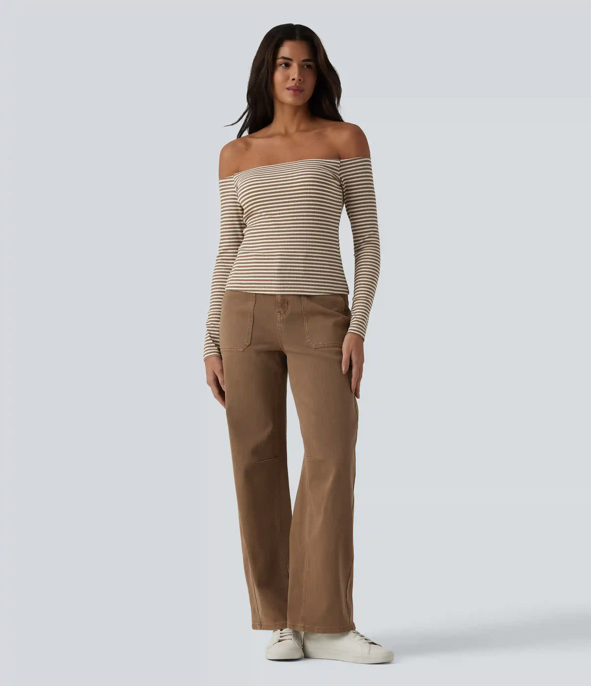 Ribbed Knit Off Shoulder Long Sleeve Stripe Built-in Bra Casual Top