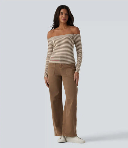 Ribbed Knit Off Shoulder Long Sleeve Stripe Built-in Bra Casual Top
