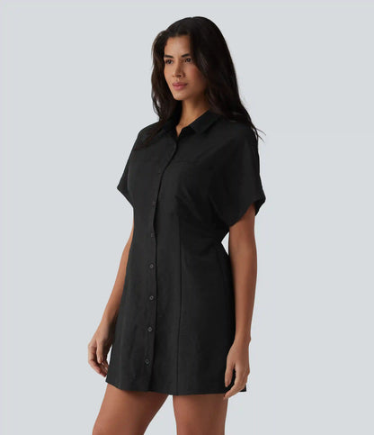 Short Sleeve Mini Work Shirt Dress with Pocket