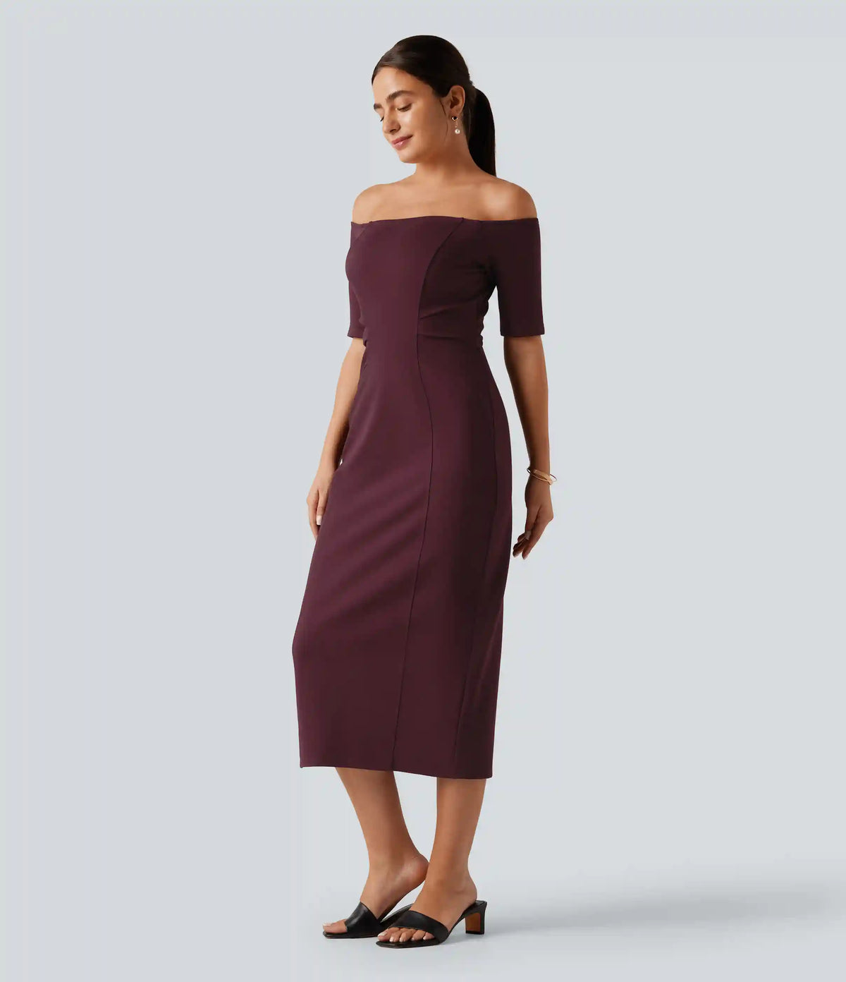 Off Shoulder Short Sleeve Bodycon Midi Dress