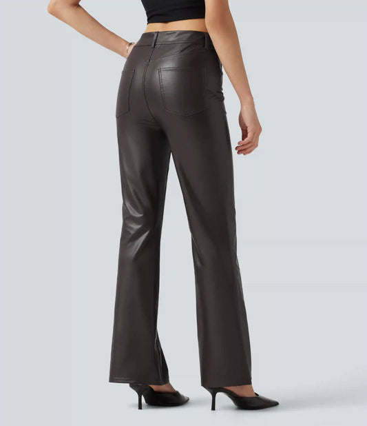 Mid Rise Stretchy PU Bootcut Casual Pants with Pockets