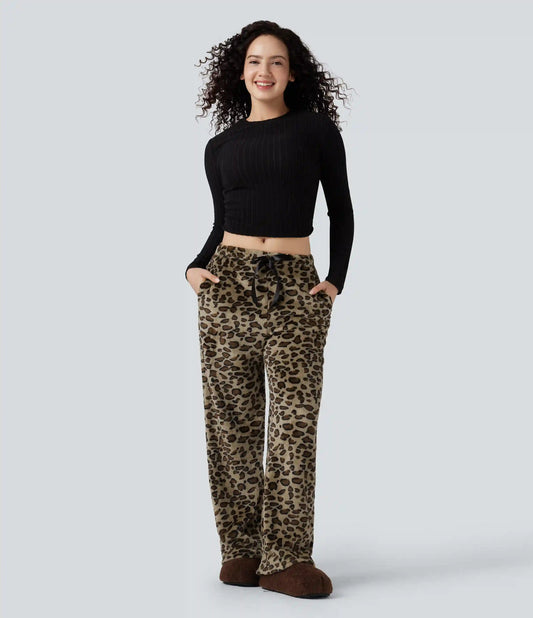 Mid Rise Drawstring Leopard Print Fleece Casual Baggy Pants with Pockets