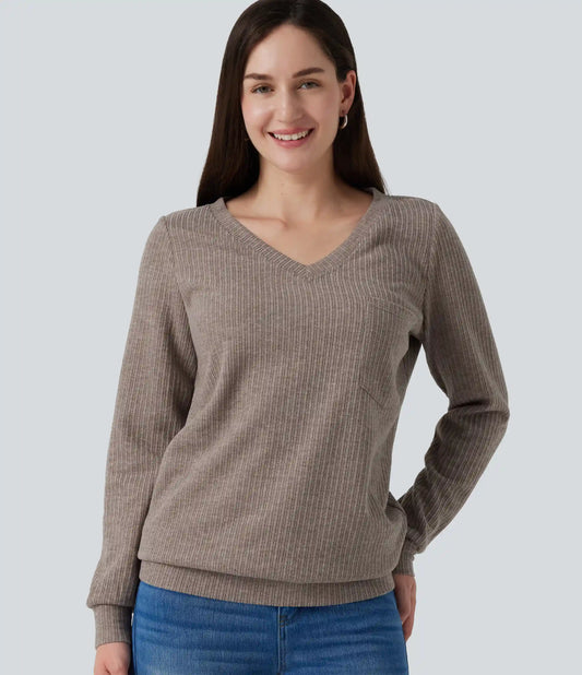 V Neck Long Sleeve Casual Top with Chest Pocket