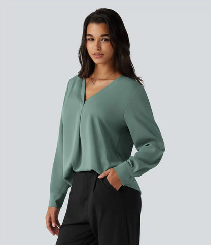 Wrinkle Recovery V Neck Long Sleeve Work Blouse