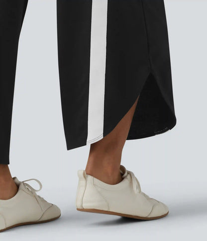 High Waisted Drawstring Curved Hem Color Block Casual Wide Leg Sweatpants with Pockets