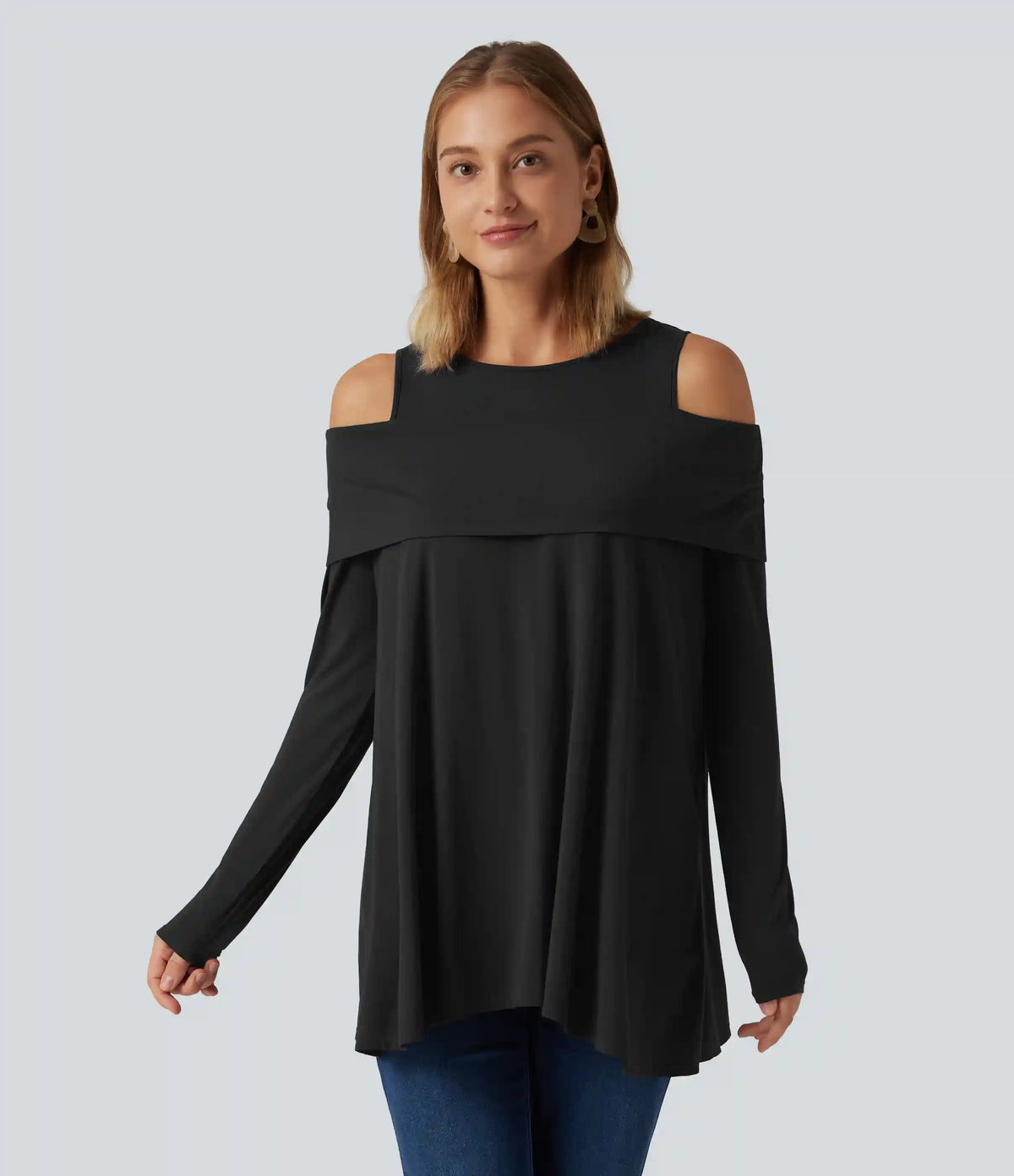 Round Neck Cold Shoulder Relaxed Long Sleeve Casual Top