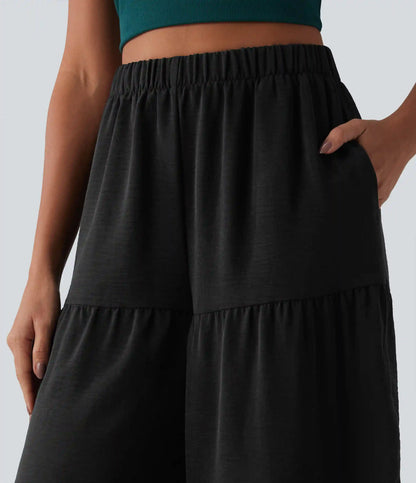 High Waisted Wide Leg Flowy Linen-Feel Pants with Pockets