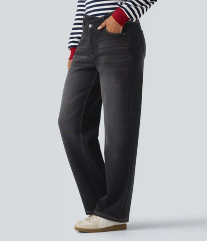 Mid Rise Asymmetric Straight Leg Fleece Casual Jeans with Pockets