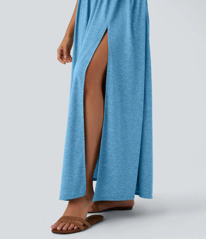 Twisted Backless Split Flowy Maxi Resort Dress with Pockets