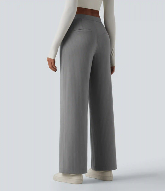 High Waisted Straight Leg Stripe Work Pants with Pockets