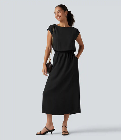 Boat Neck Cap Sleeve Midi Work Dress with Pockets