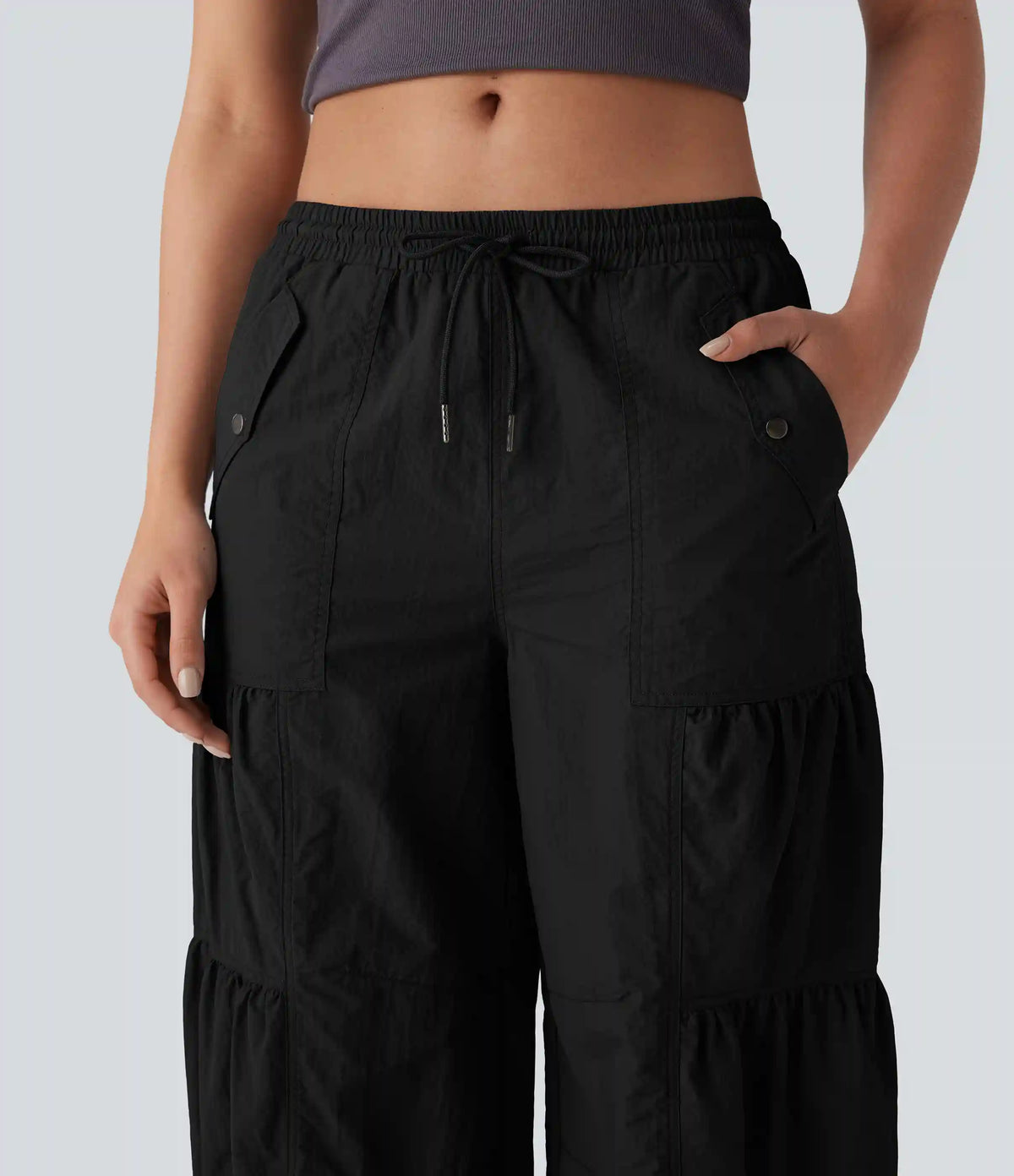 Mid Rise Drawstring Pocket Ruched Parachute Casual Cargo Baggy Joggers