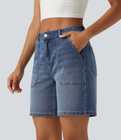 Halara Flex™ Mid Rise Washed Denim Casual Baggy Bermuda Shorts with Pockets