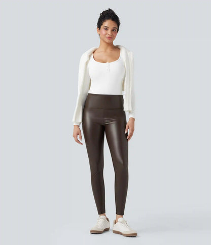 High Waisted Tummy Control Stretchy PU Fleece 7/8 Skinny Casual Leggings with Pockets