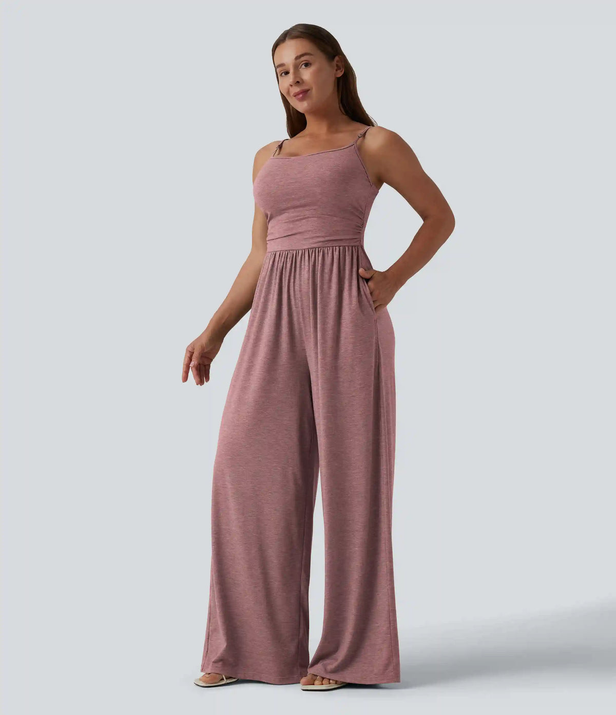 Adjustable Straps Ruched Wide Leg Heathered Casual Jumpsuit with Pockets-Easy Peezy