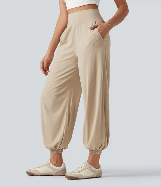High Waisted Casual Stretch Linen Joggers with Pockets