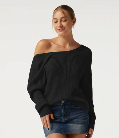 One Shoulder Crisscross Back Dropped Long Sleeve Relaxed Casual Sweater