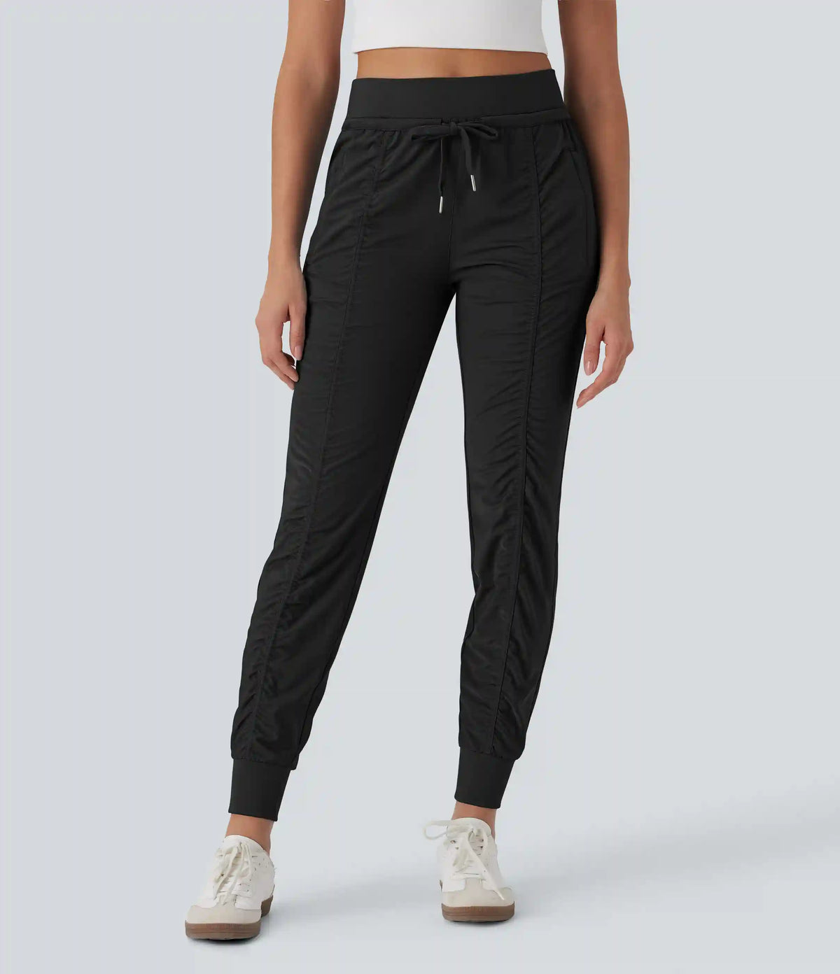 High Waisted Drawstring Tapered Travel Joggers with Side Zip Pockets