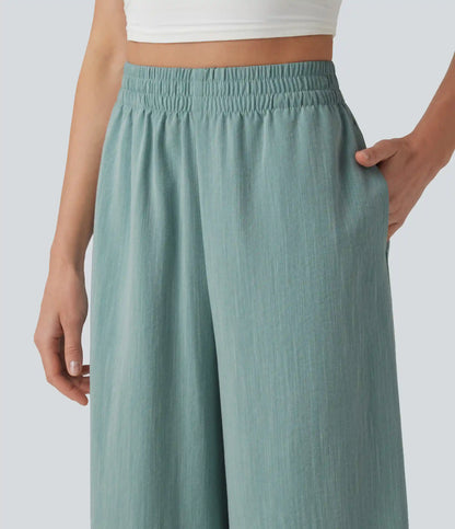 High Waisted Split Linen-Feel Casual Cropped Baggy Pants with Pockets