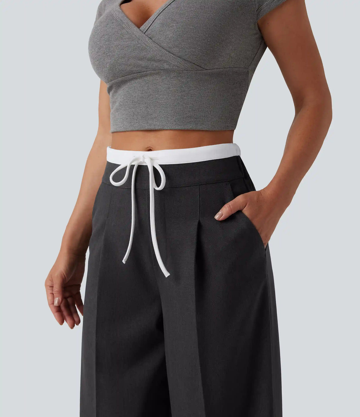High Waisted Drawstring Wide Leg Work Pants with Pockets