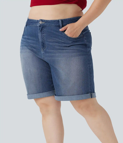 Halara Flex™ High Waisted Multiple Pockets Rolled Hem Washed Stretchy Knit Denim Casual Plus Size Bermuda Shorts