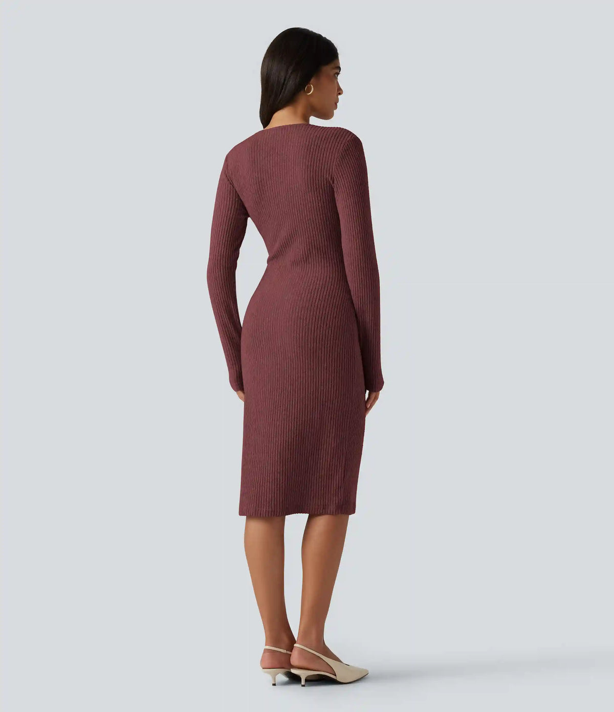 Ribbed Knit V Neck Long Sleeve Bodycon Midi Casual Dress