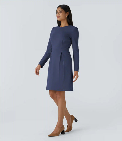 Round Neck Shoulder Pad Long Sleeve Hem Slim Mini Work Dress