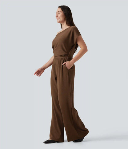 One Shoulder Short Sleeve Asymmetric Casual Jumpsuit with Built-in Bra and Pockets -Easy Peezy Edition