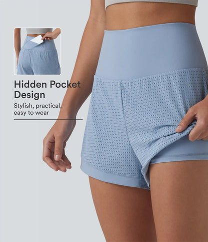 High Waisted Tummy Control Eyelet 2-in-1 Yoga Shorts 2.5'' with Pocket