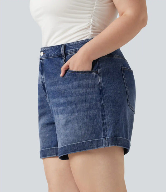 Plus Size Halara Flex™ Mid Rise Rolled Hem Denim Casual Shorts 5'' with Pockets