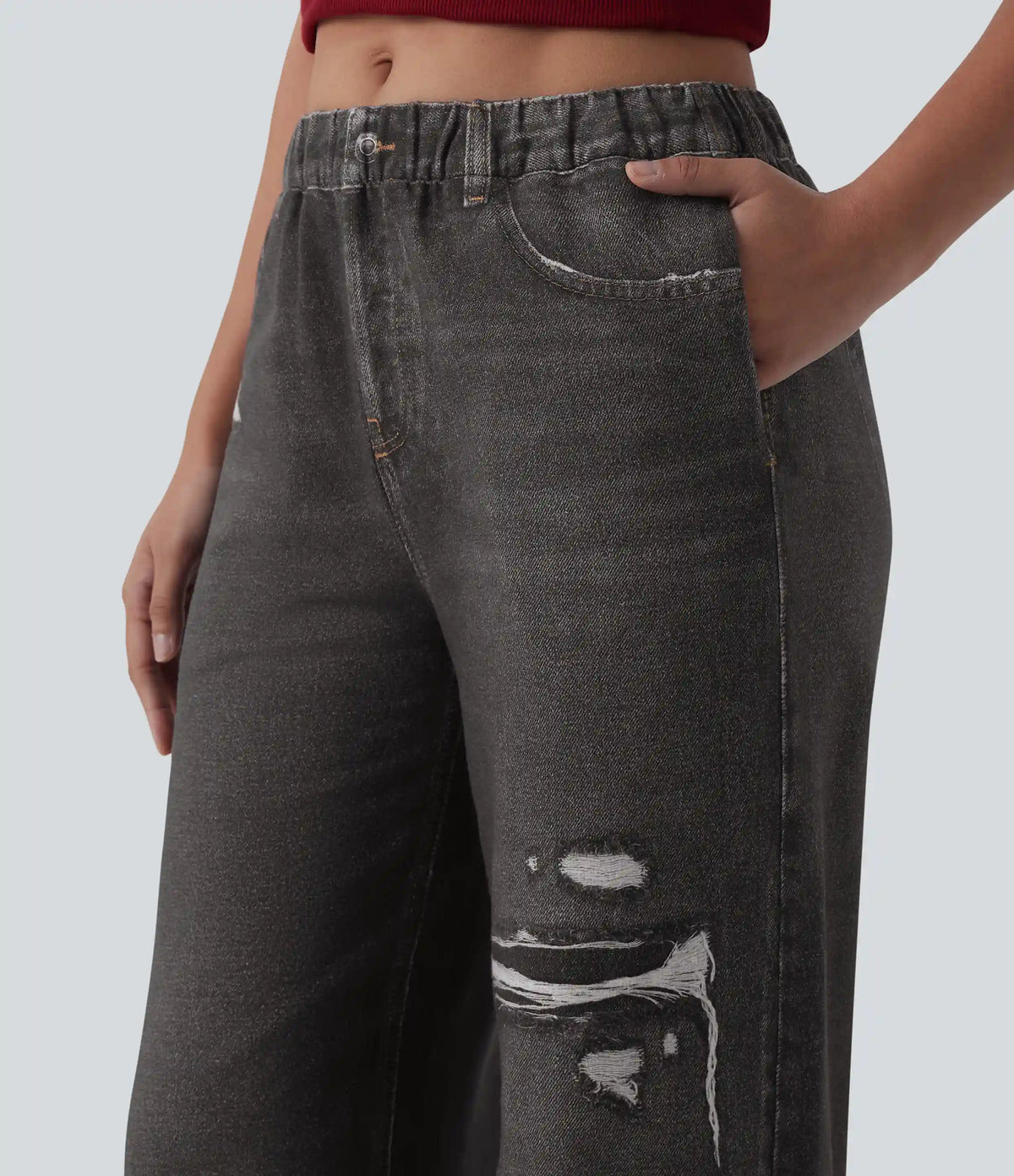 Mid Rise Denim Print French Terry Casual Sweatpants Jeans with Pockets