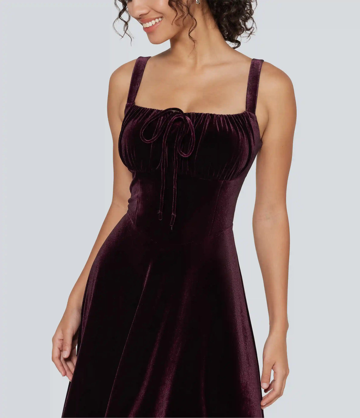 Square Neck Lace Up Ruched Built-in Bra Corset Velvet Midi Casual Milkmaid Dress