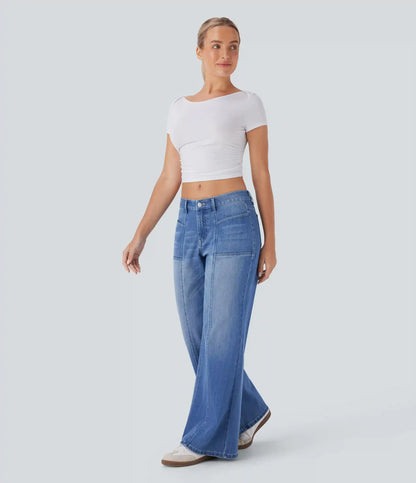 Halara Flex™ Low Rise Zipper Pockets Baggy Wide Leg Flare Washed Casual Jeans